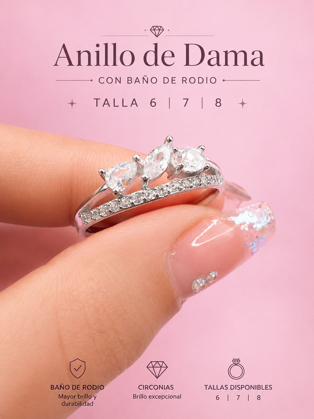 Anillo de Dama con Baño de Rodio y Circonias AO0028