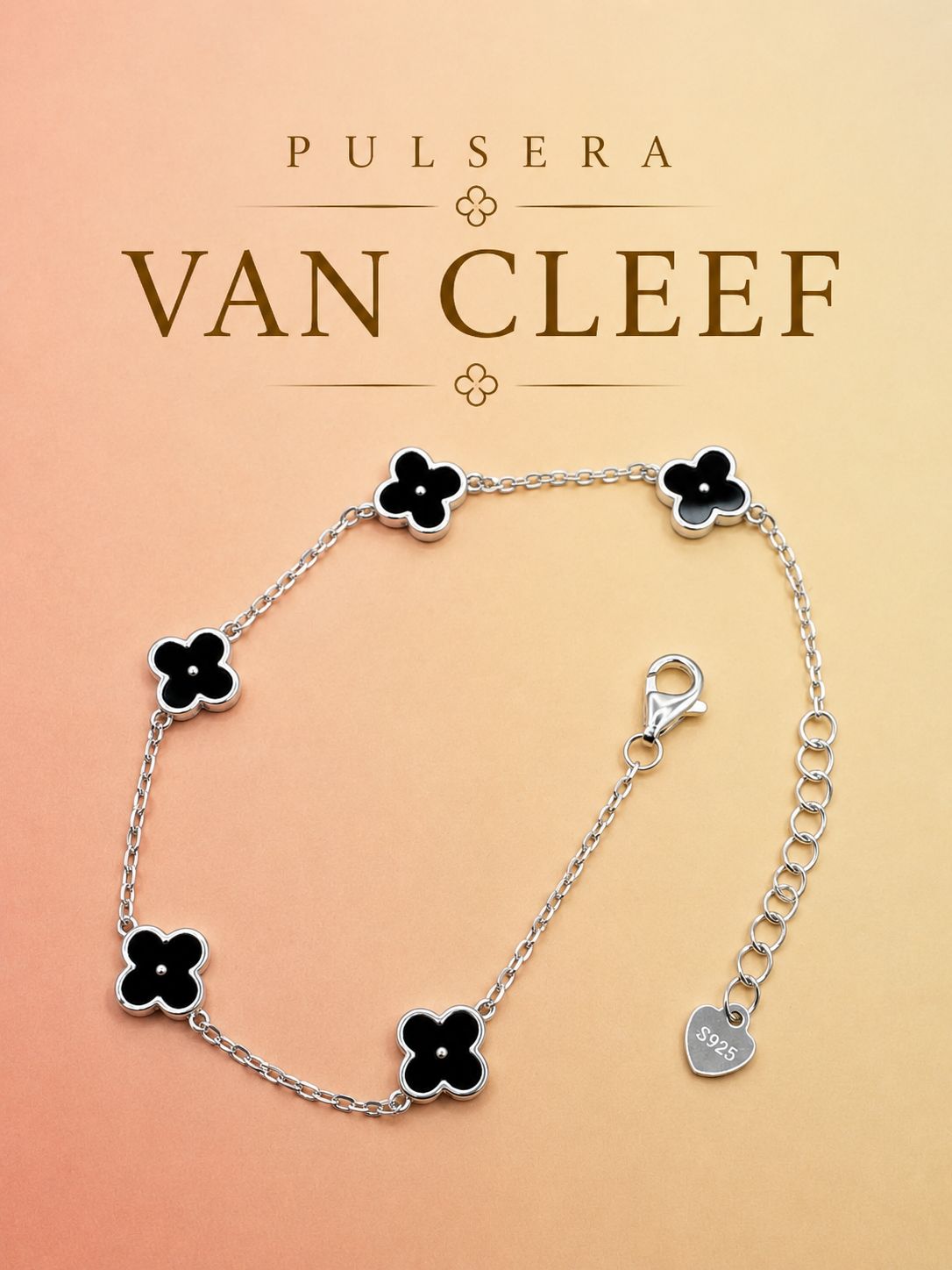 Pulsera Van Cleff 5 Tréboles Negros PV0014